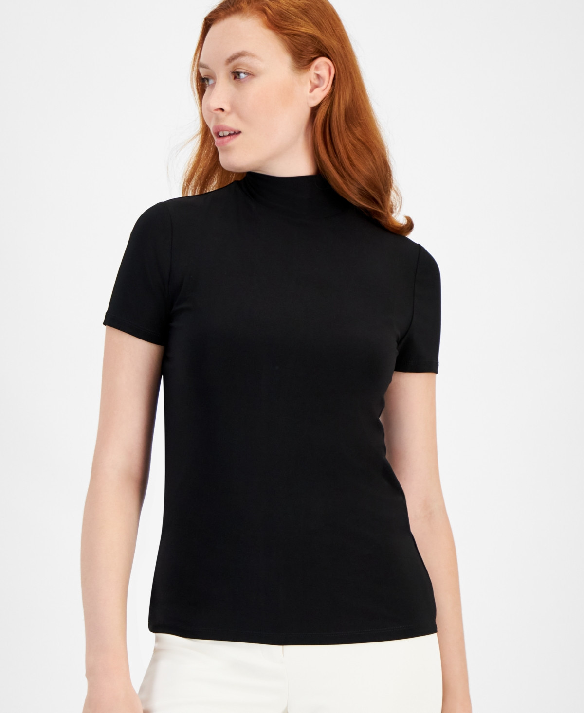 Anne Klein Short-Sleeve Mock-Neck Top - Black | Macy's