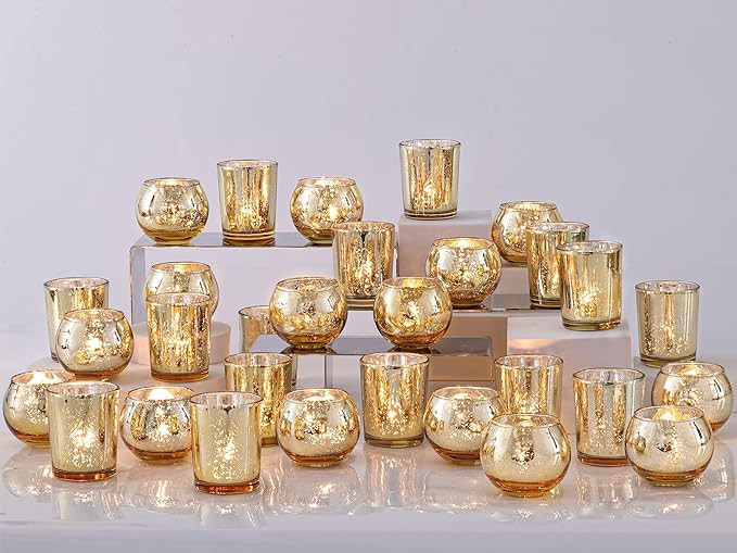 DEVI 48PCS Assorted Gold Votive Candle Holders Bluk, Gold Wedding Decorations, Mercury Glass Cand... | Amazon (US)