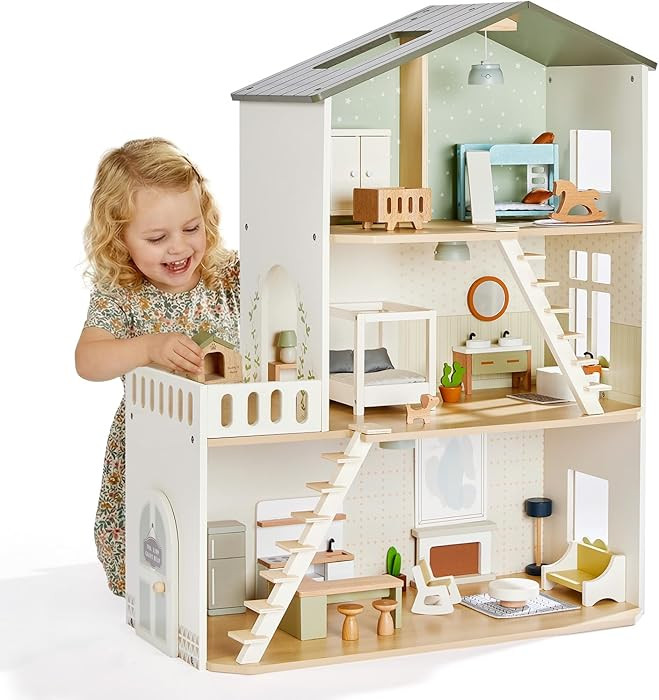 Giant bean Modern Wooden Dollhouse with Lights & 37PCS Furniture Set – Nordic Style 3-Story Pla... | Amazon (US)