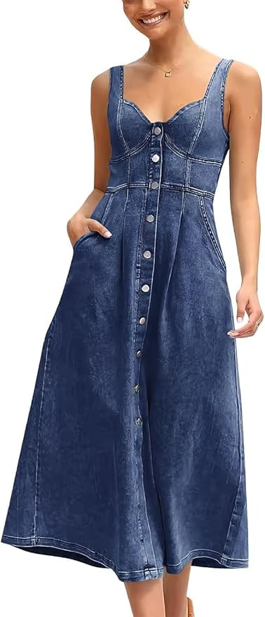 ebossy Stretchy Smocked Denim Dress for Women Sleeveless Babydoll Button Down Midi Long Jean Dres... | Amazon (US)