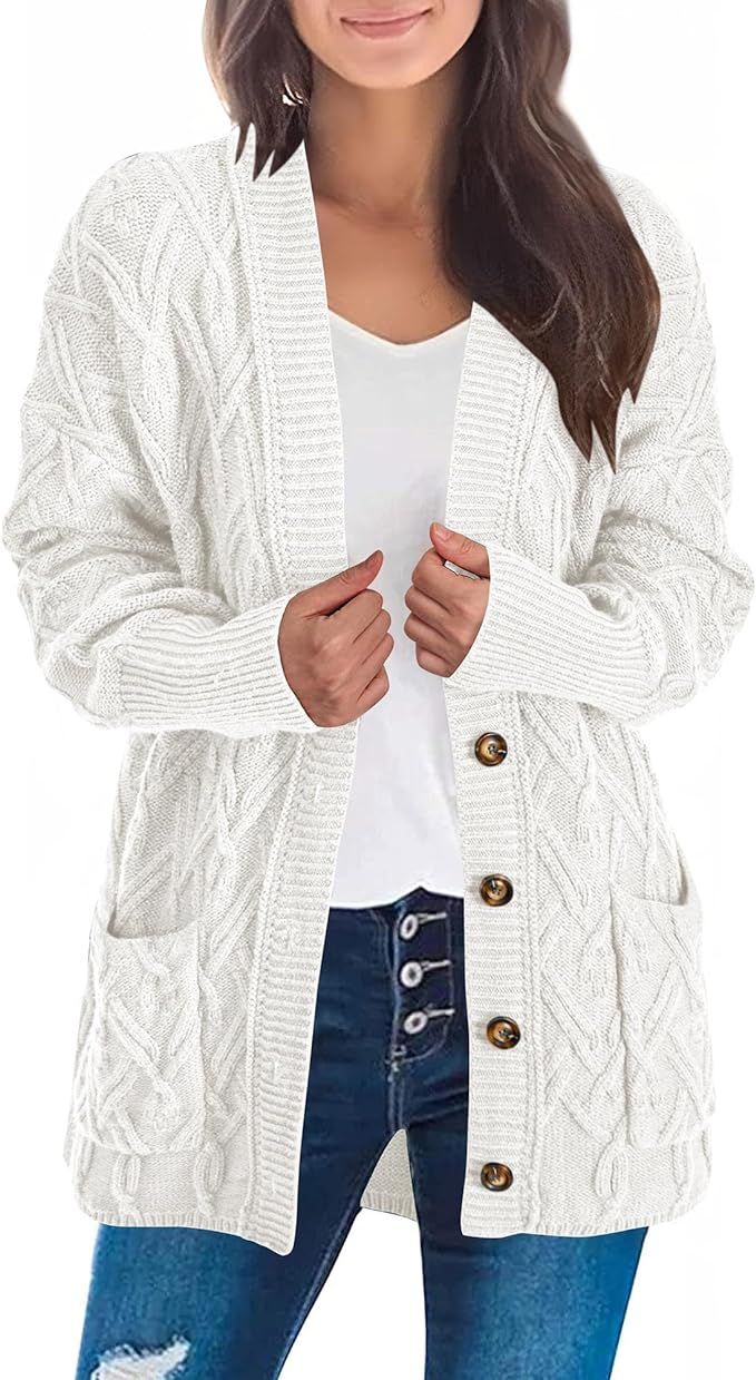 KIRUNDO Women 2023 Fall Winter Oversized Button Down Cable Knit Cardigan Casual Long Sleeve Open ... | Amazon (US)