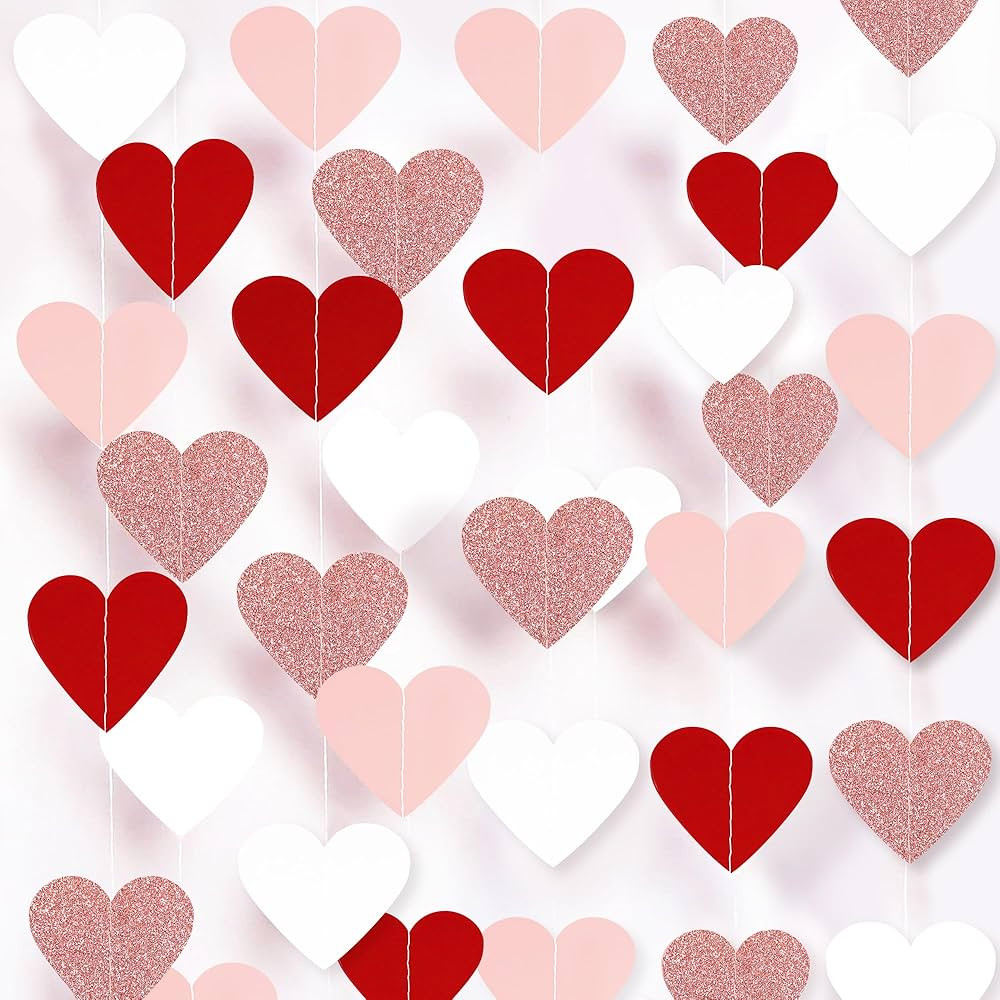 Valentines Decorations Red Pink White Rose Gold Glitter Heart Garland Strings - 8 Packs Paper Hea... | Amazon (US)