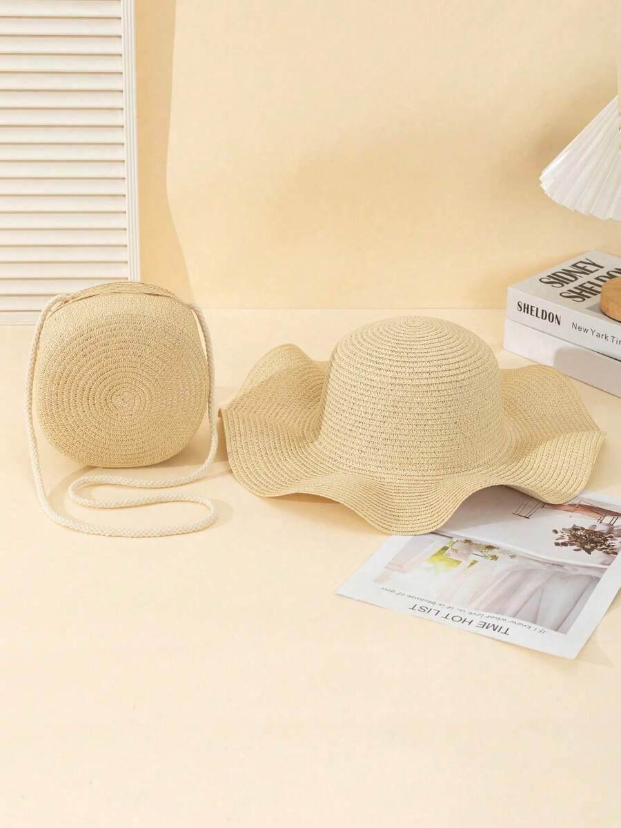 Boho 2pcs/Set Ladies' Beige Wave Patterned Beach Sun Hat And Woven Circular Crossbody Bag, Suitab... | SHEIN