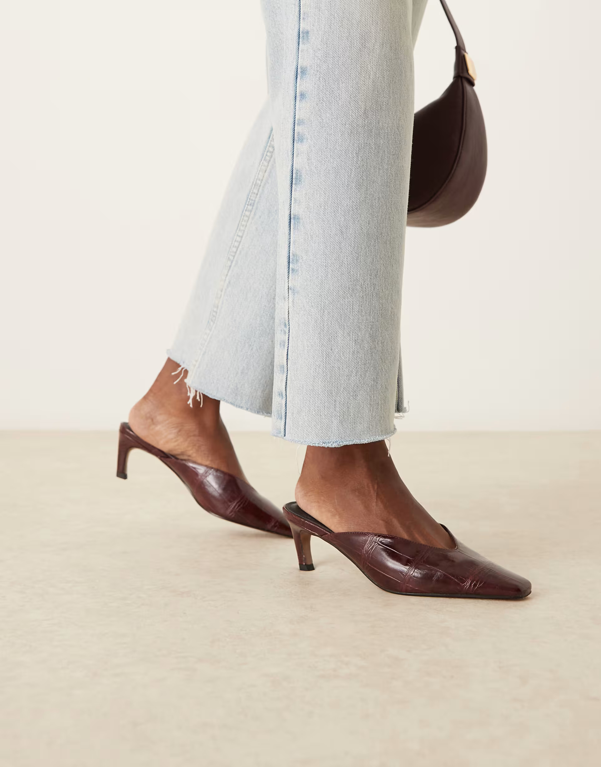 ASOS DESIGN Storm chisel toe mid heel mule in burgundy croc | ASOS | ASOS (Global)