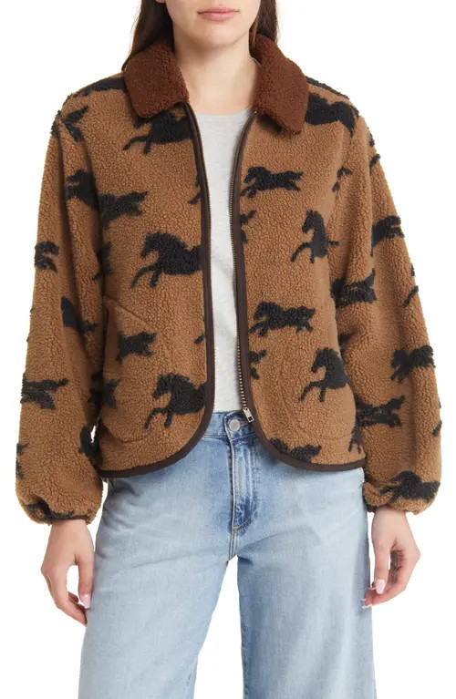 THE GREAT. The Pasture Horse Print Fleece Jacket in Light Hickory at Nordstrom, Size 0 | Nordstrom