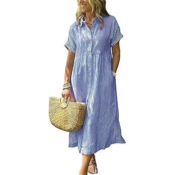 ebossy Women's Boho Striped Shirt Dress Button Up Side Slit Loose Mid Long Cotton Dress with Pock... | Amazon (US)
