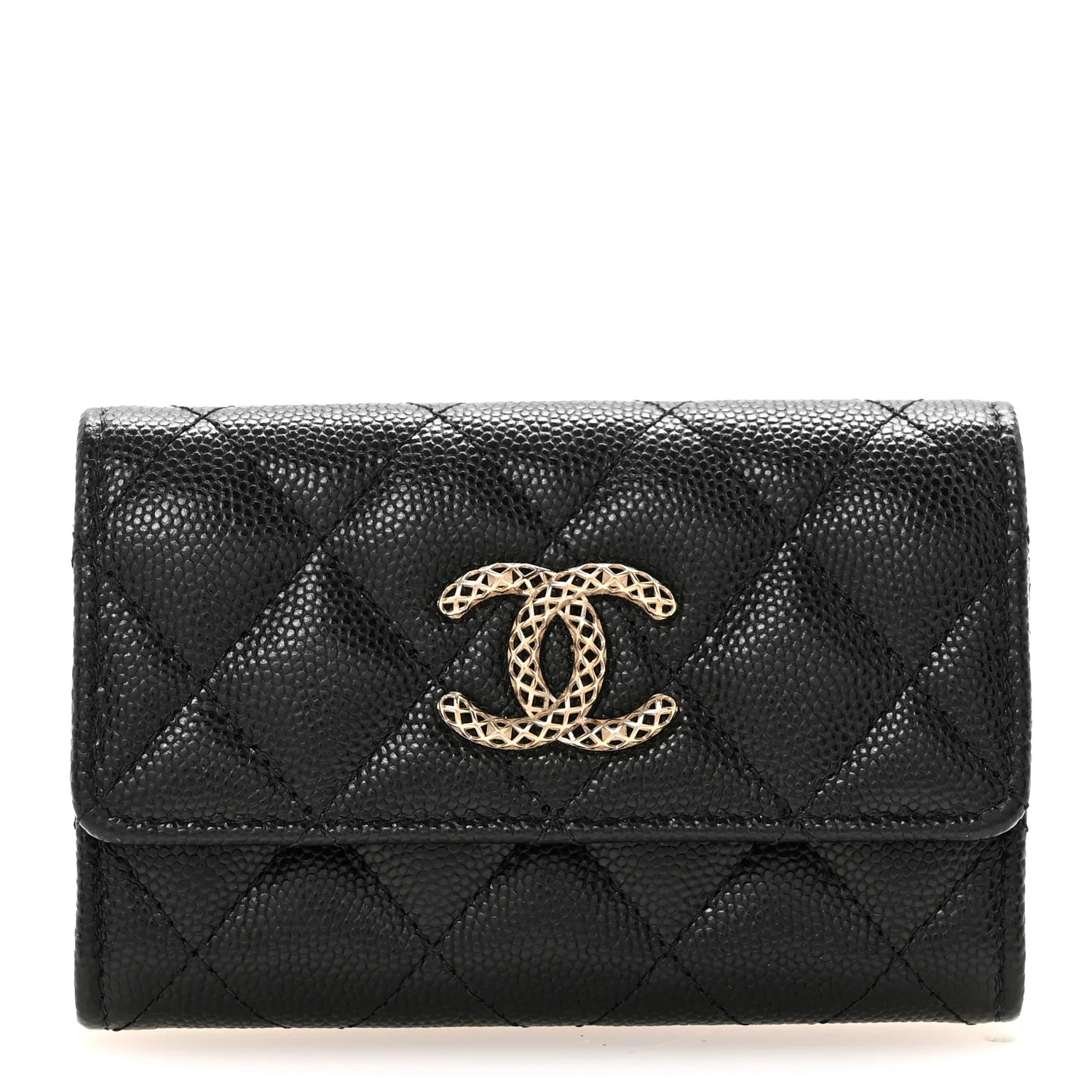 Caviar Metal Perforated Quilted CC Flap Card Holder Black | FASHIONPHILE (US)