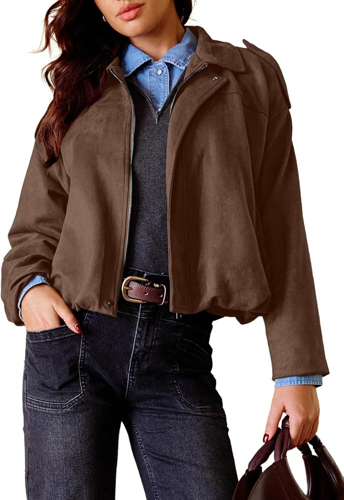 EVALESS Womens Faux Suede Bomber Jackets Long Sleeve Fall Coats Zip Up Cropped Jacket Trendy Wint... | Amazon (US)