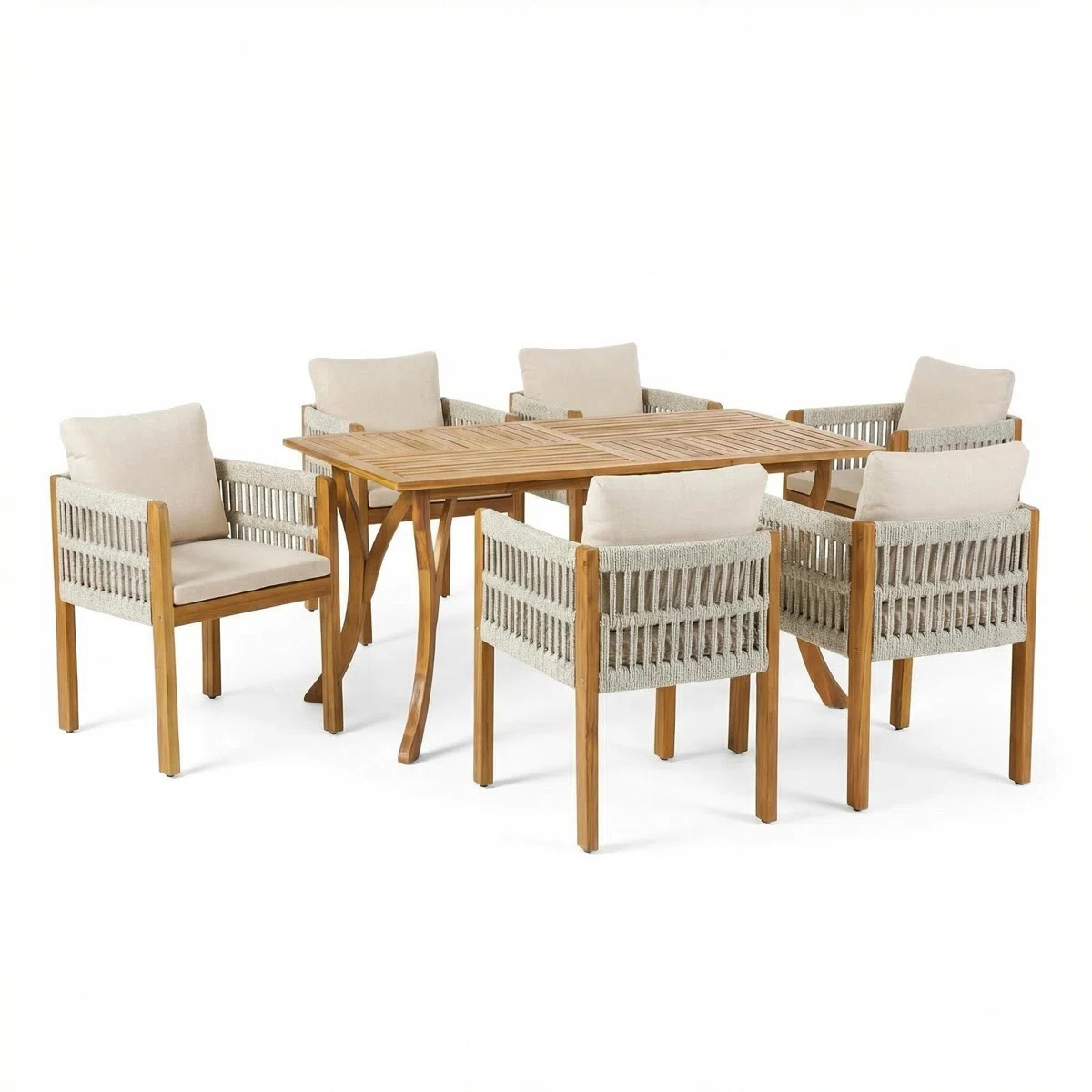 Brizio 7-Piece  Modern Coastal Acacia Wood Patio Dining Set With Rope-Wrapped Armchairs And 59" S... | Wayfair North America
