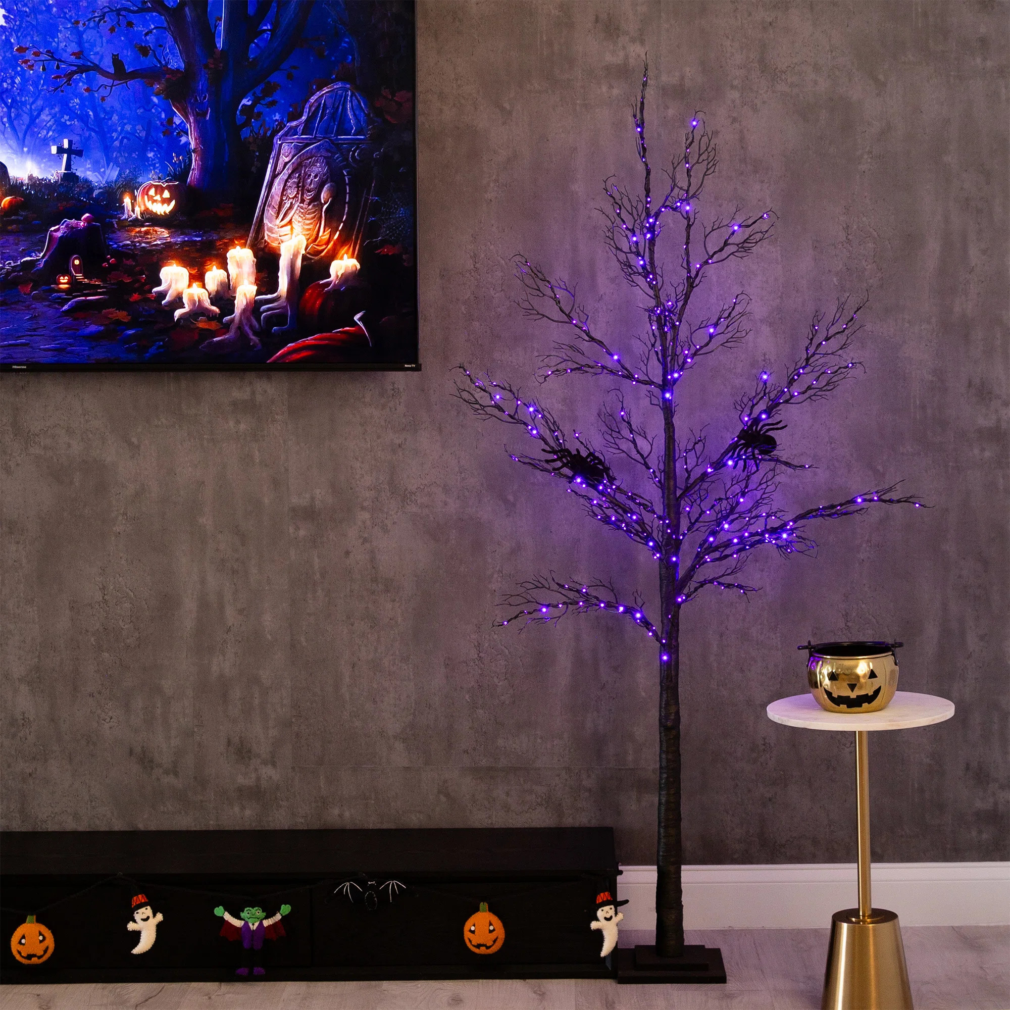 6ft. Pre-Lit Halloween Minimalist Twig Artificial Fall Tree with 320 Orange and Purple LED Lights | Wayfair North America