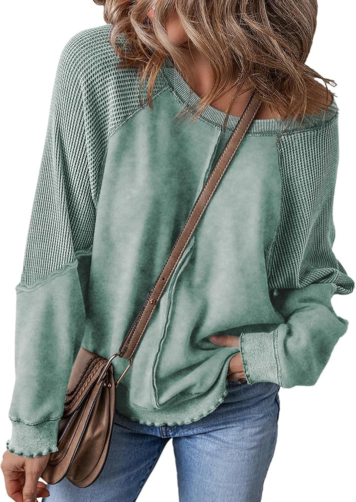 SHEWIN Womens Oversized Off The Shoulder Sweatshirt Casual Crewneck Long Sleeve Reverse Seam Waff... | Amazon (US)