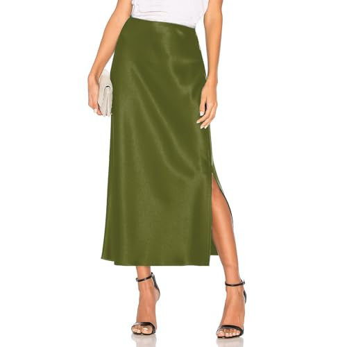 Women's Satin Midi Skirt Dressy Elastic High Waisted Silk Slip Flowy Ruffle Flared Cocktail Party Work A Line Skirts Army Green | Amazon (US)