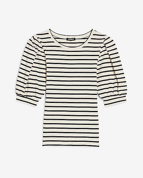 Striped Puff Sleeve Ribbed Crew Neck Tee | Express