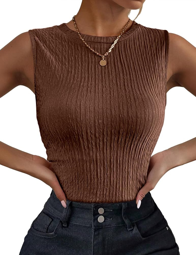 Zeagoo Women's High Neck Tank Top 2025 Summer Casual Ribbed Knit Slim Fitted Basic Textured Sleev... | Amazon (US)