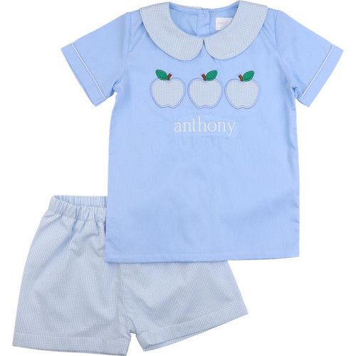 Blue Gingham Applique Apple Short Set | Cecil and Lou