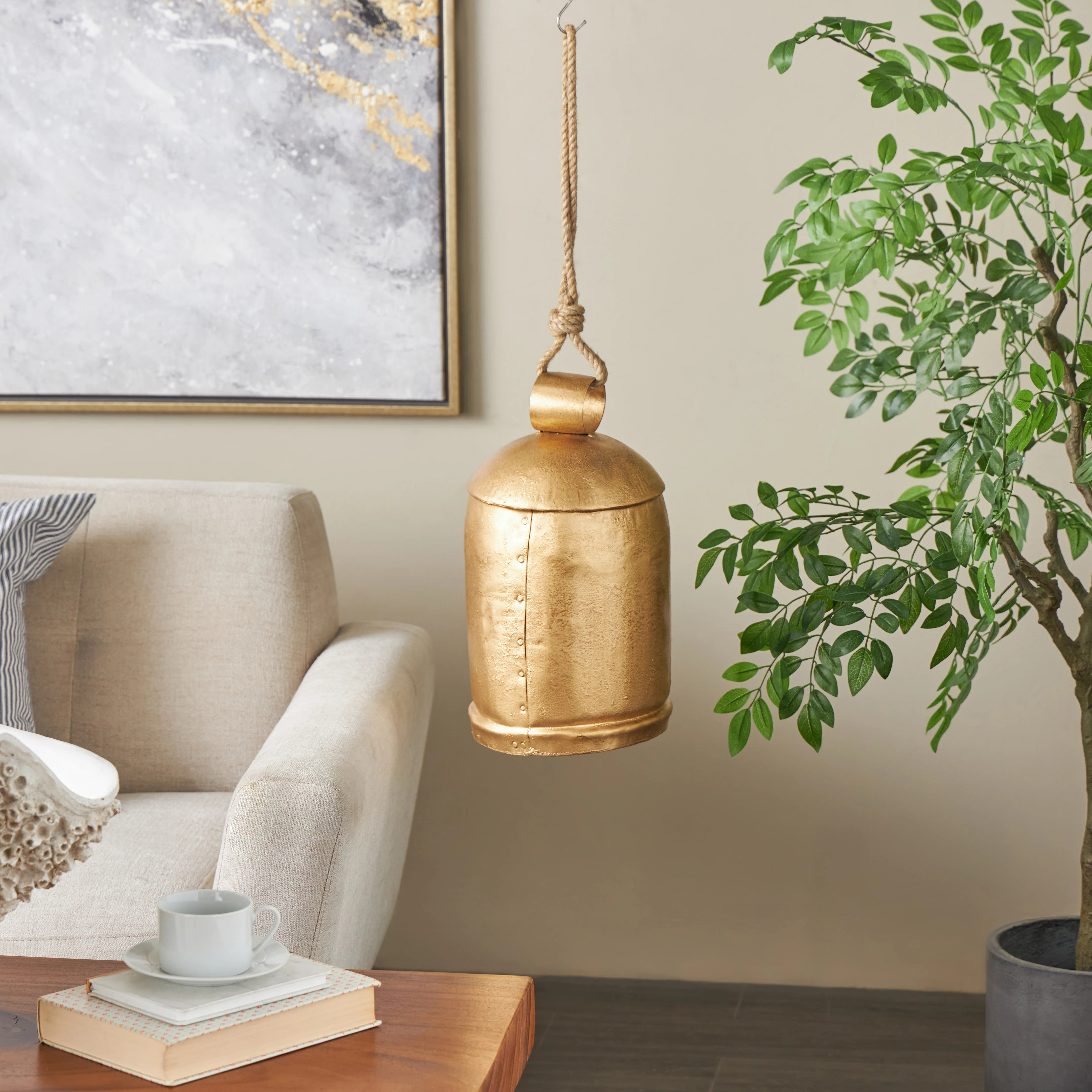 Cole And Grey Metal Decorative Bell With Jute Hanging Rope | Wayfair North America