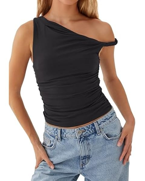 Ythomm Women One Shoulder Ruched Crop Tank Tops Casual Off The Shoulder Twist Strap Summer Tanks Tops Going Out Crop Shirts | Amazon (US)