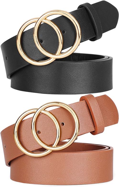 Women Leather Belt Fashion Faux Leather Waist Belt with Double O-Ring Buckle for Jeans Pants Dres... | Amazon (US)