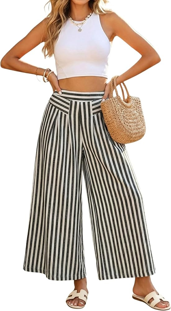 Hooever Women's Stripe Wide Leg Culotte Pants Summer High Elastic Waisted Palazzo Pants with Pock... | Amazon (US)