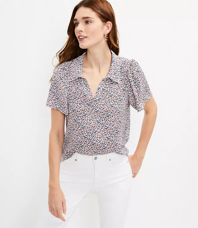 Floral Collared V-Neck Mixed Media Top | LOFT