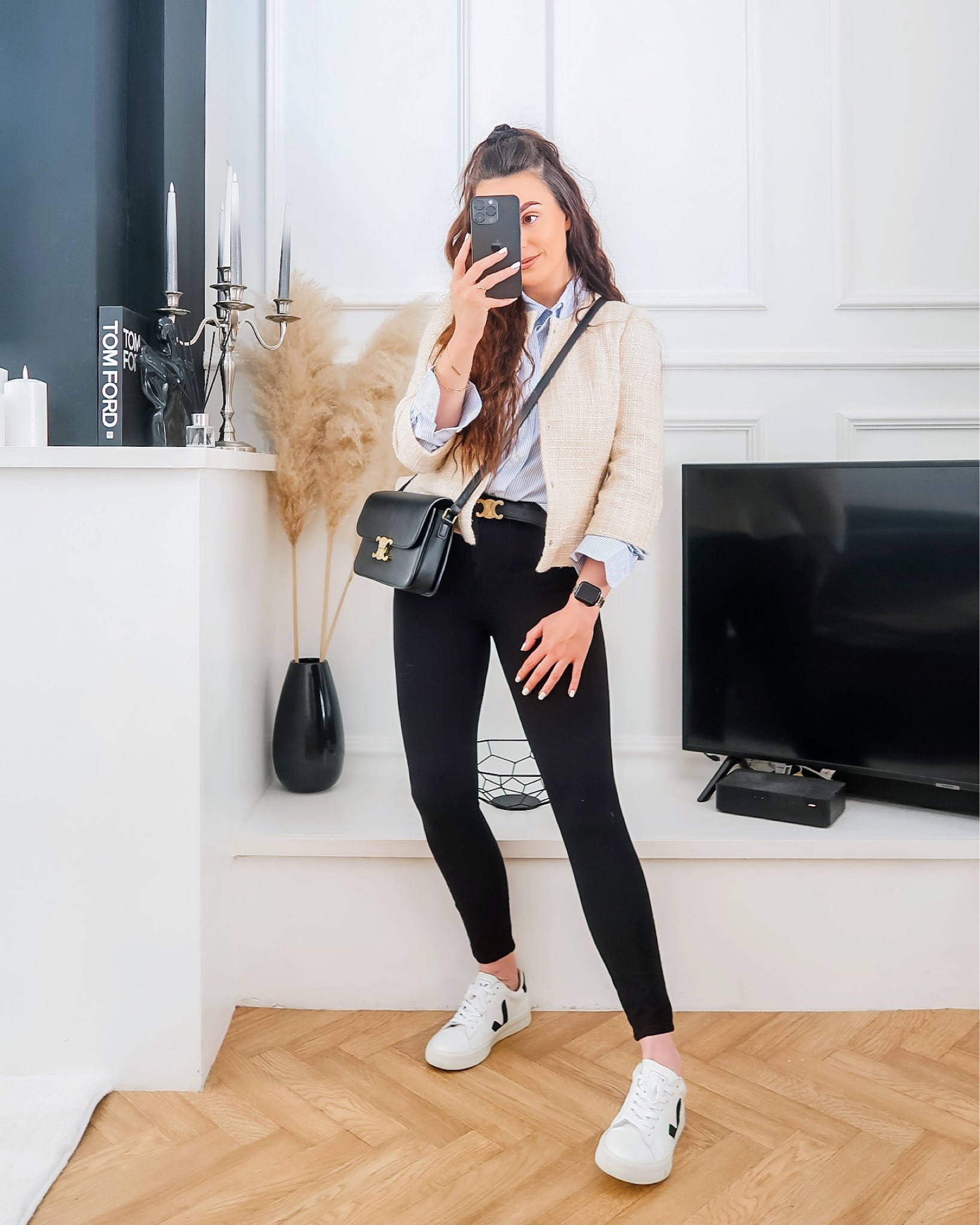Simple spring outfit idea, black skinny jeans, white and black veja trainers, blue and white stripe Oxford shirt, cream Boucle jacket, celine bag and celine belt 

#LTKstyletip #LTKeurope