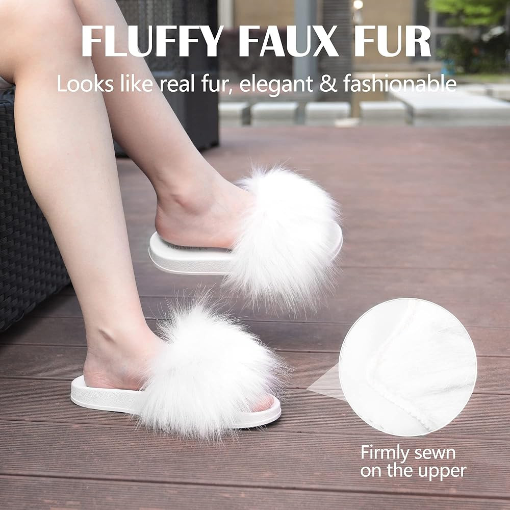 Women's Furry Slides Faux Fur Slides Fuzzy Slippers Fluffy Sandals Outdoor Indoor | Amazon (US)