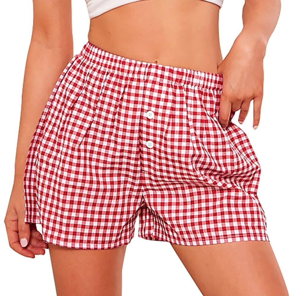 PRETTYGARDEN Womens Shorts Boxers 2025 Summer Gingham Pajama Lounge Sleep Y2K Plaid Pj Shorts Bea... | Amazon (US)