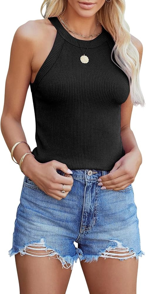 siliteelon Womens Halter Top Sleeveless Crew Neck Casual Basic Ribbed Fitted Tank | Amazon (US)