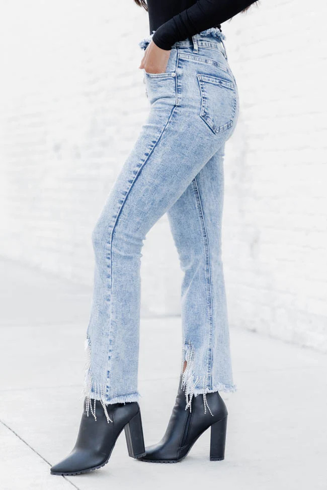 Still Bejeweled Diamond Fringe Flare Jeans | Pink Lily