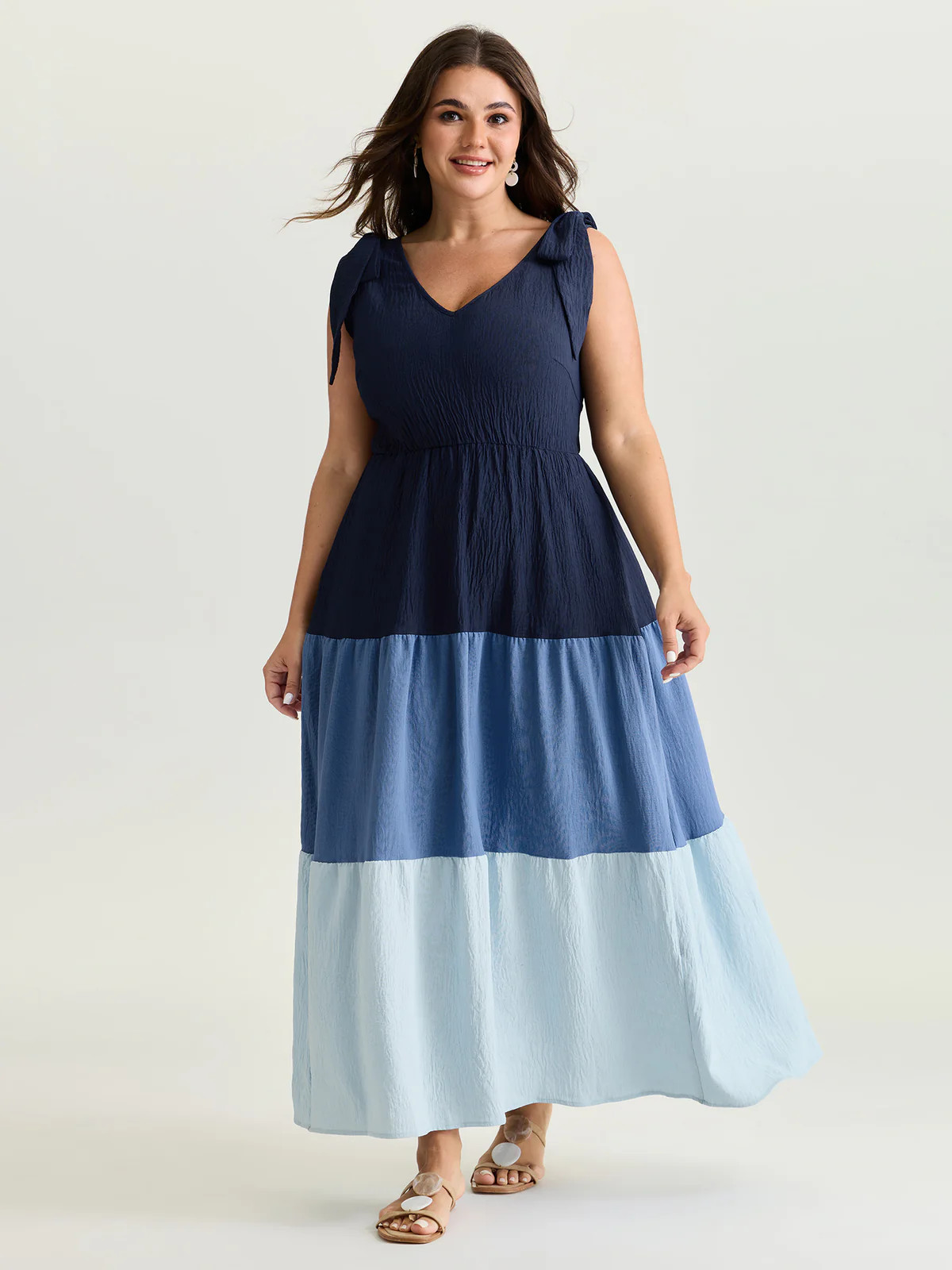 Colorblock Shoulder-Tie Tiered Maxi Dress | Bloomchic