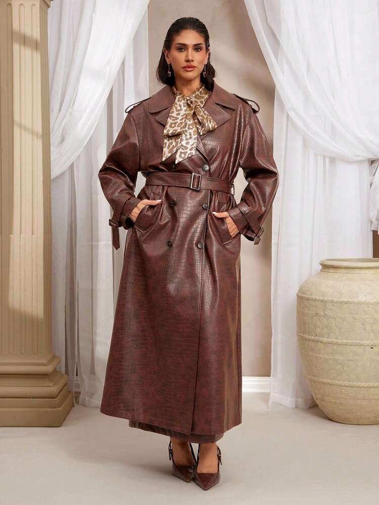 VOLUPTÉ CURVE Brown Long Crocodile Embossed Leather Jacket, Modern Style For Everyday Wear, Autumn/Winter | SHEIN