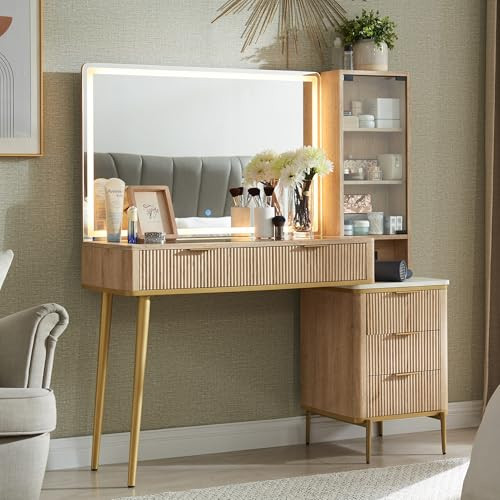 T4TREAM Fluted Makeup Vanity Desk with 36" HD Lighted Mirror, 48" Big Modern Vanity Desk with Mirror and Lights, Dressing Table with 5 Drawers & Shelves, Glass Top for Bedroom (Natural Oak) | Amazon (US)