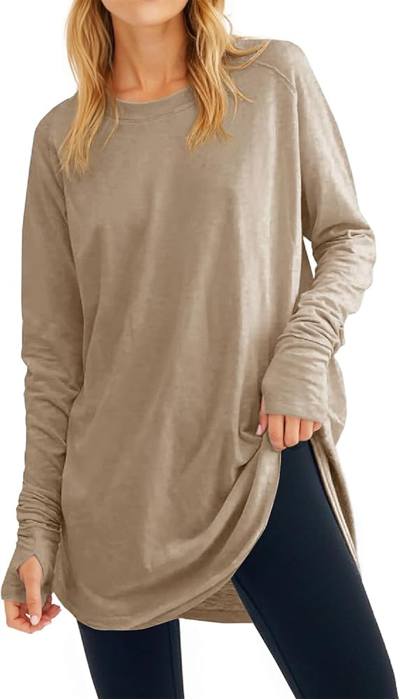 Fisoew Women's Casual Long Sleeve Tops Crew Neck Round Hem Loose T-Shirts Tunic Tops with Thumb H... | Amazon (US)