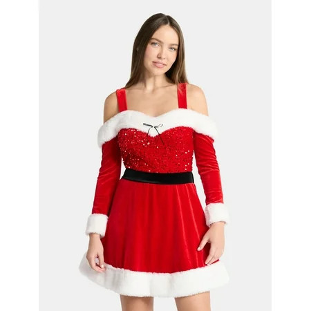 No Boundaries Off The Shoulder Christmas Holiday Dress with Faux Fur, Women’s | Walmart (US)