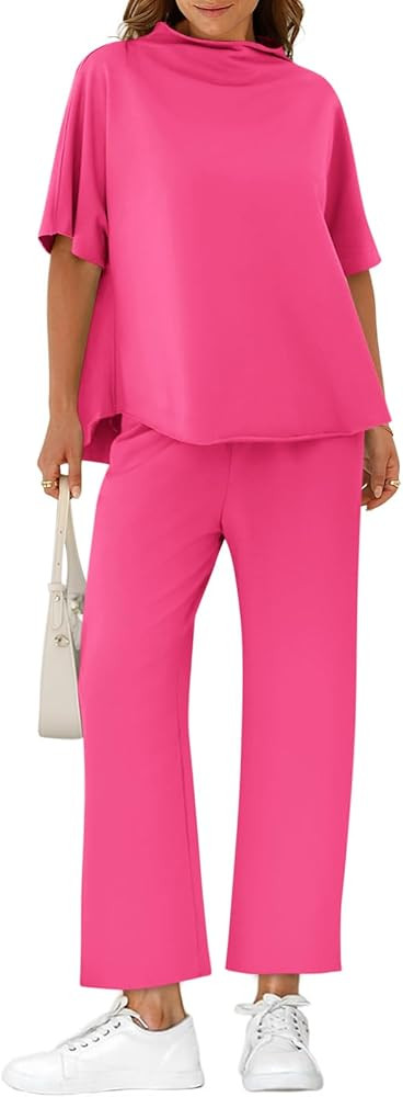 Yousify Women's Two Piece Sets 3/4 Batwing Sleeve Capelet Crew Neck Pullover Top Wide Leg Pants L... | Amazon (US)