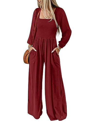 Dokotoo Womens Plus Size Red Jumpsuits for Women Overalls Loose Casual Wide Leg One Piece Long Sleeve Solid Jumpsuit Long Pant Rompers with Pockets X-Large | Amazon (US)