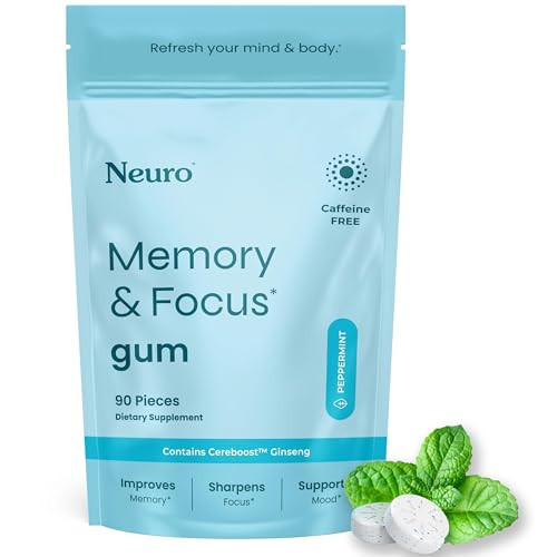 Neuro Memory & Focus Gum (90 Pieces) - Decaf & Sugar Free with American Ginseng, L theanine, Vitamin B12 & Vitamin B6 for Mental Alertness - Brain Supplements for Memory and Focus - Peppermint Flavor | Amazon (US)