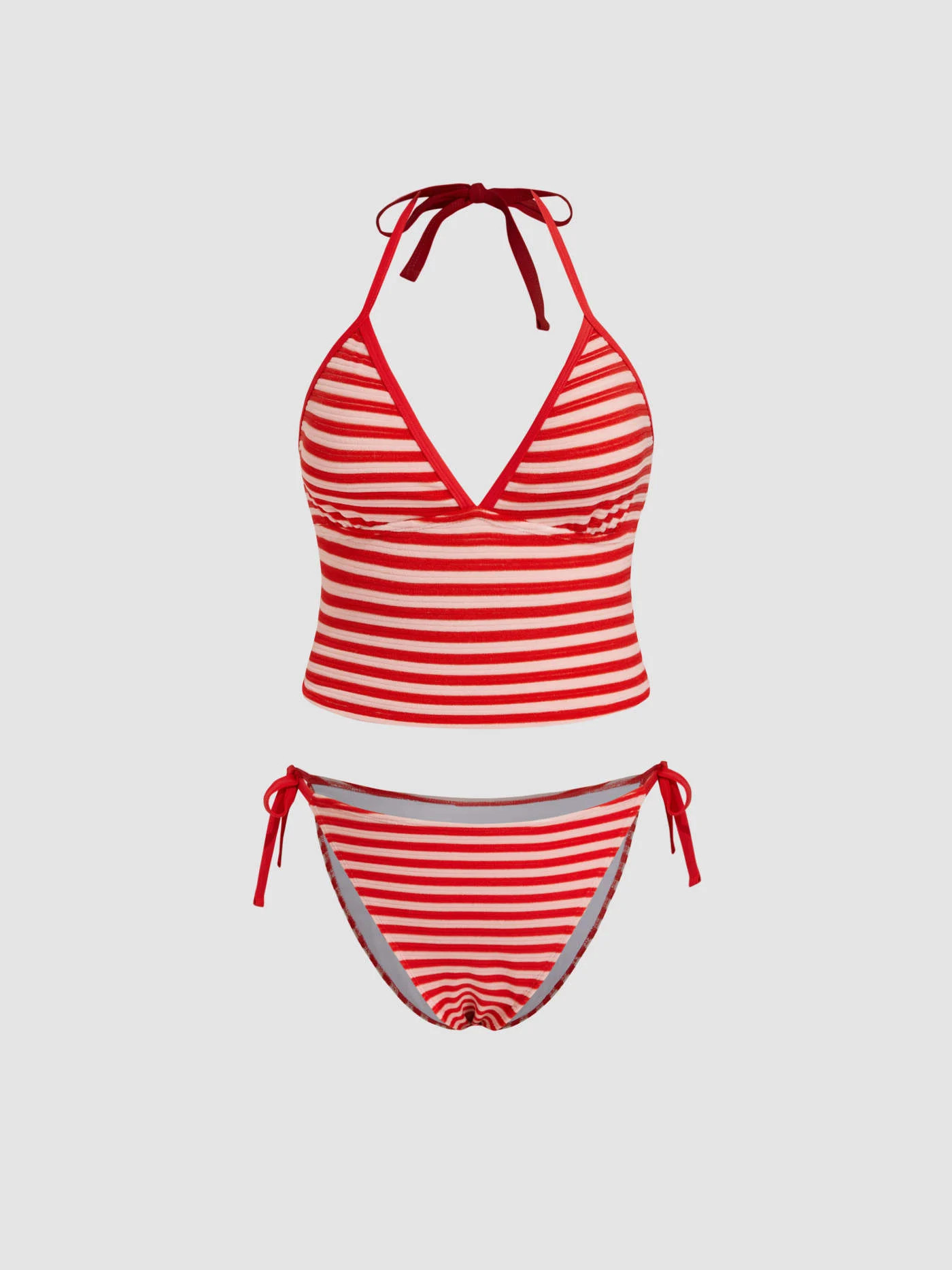 Terry V-neck Stripe Knotted Halter Tie Side Tankini Bikini Set Curve & Plus For Vacation Swimming... | Cider
