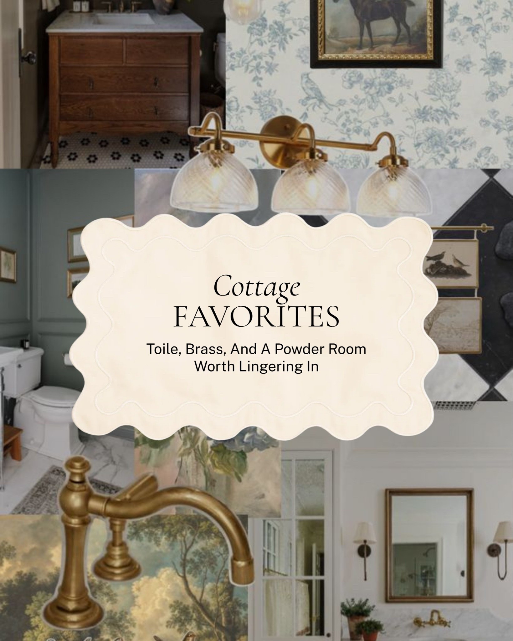 Toile, brass, and a powder room worth lingering in. A gooseneck faucet, a botanical wallpaper, framed art, and a mirror with real presence, proof that the smallest room in the house is one of the best places to take a little risk.

Shop the pieces here! #LTKhome