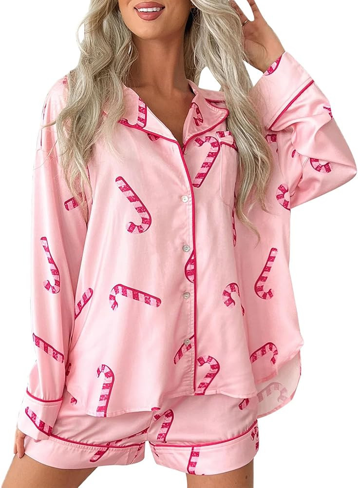 Women’s Christmas Pajamas Set Long Sleeve Button Down Top Shorts Print Holiday Pjs | Amazon (US)