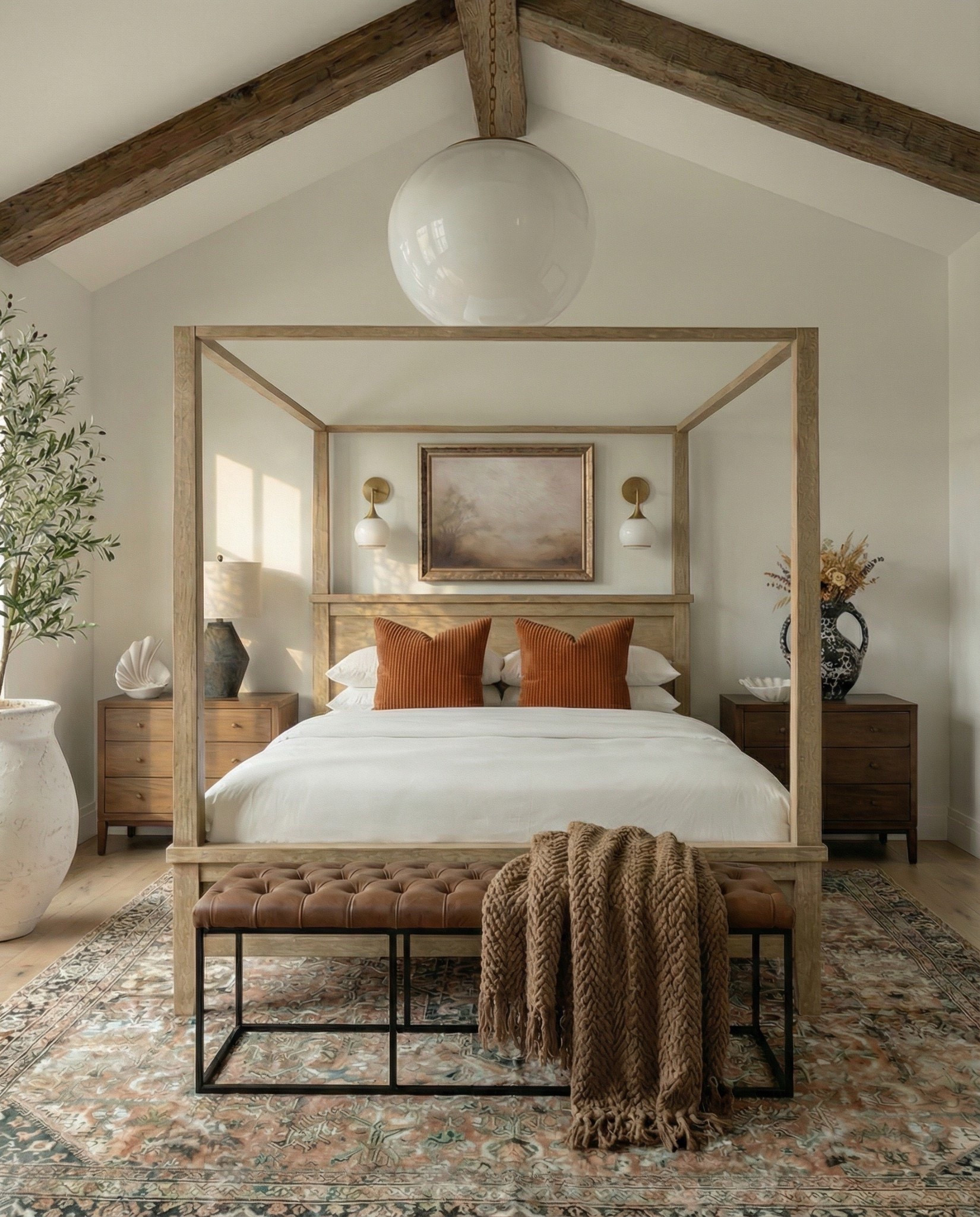 Wood canopy bed 
Brown leather upholstered bench
Brown knitted blanket
Brown throw pillows
Brown wood 3 drawer nightstands
Wall art
Glove wall lights
White tree planter
Black vase
Black table lamp
White decor bowl
Decor books
Wood dresser
Brown traditional rug 
Wood decor beads
Wood upholstered swivel chair
Wood end table
Green runner rug 
Faux olive tree 

#LTKHome #LTKSaleAlert