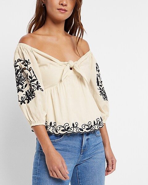 Embroidered Eyelet Off The Shoulder Tie Front Top | Express