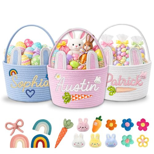 Dyoart Personalized Easter Baskets, Custom Name & Icon Easter Basket with Cute Ears, Hand-Woven Easter Egg Hunt Bag, Customized Easter Gifts Decor for Boys Girls, Cotton Rope Tote Color01 | Amazon (US)