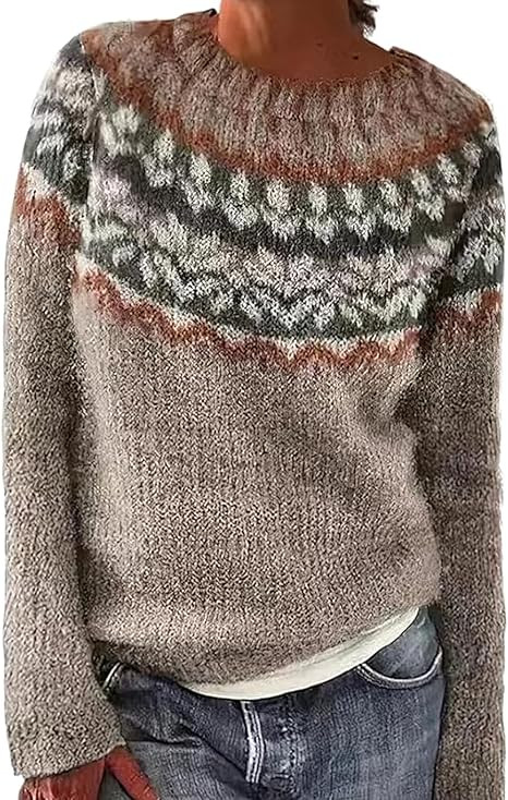 Fair Isle Sweater for Womens Winter Long Sleeve Vintage Knitted Sweater Casual Fall Crew Neck Pul... | Amazon (US)