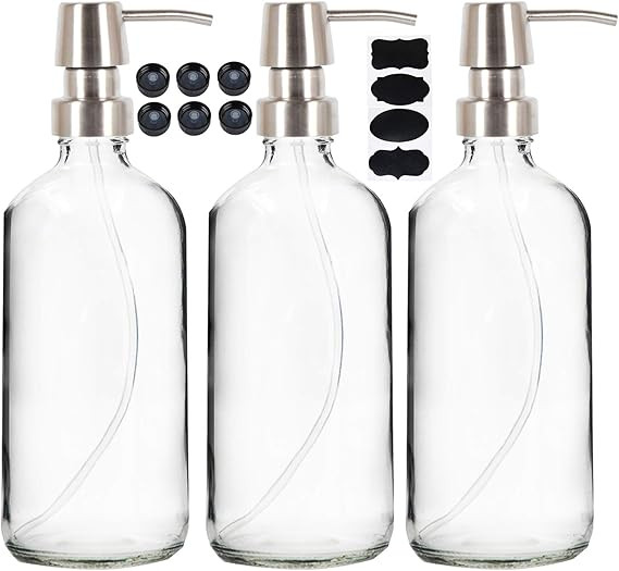 Youngever 3 Pack 16 Ounce Clear Glass Boston Round Bottles with Stainless Steel Pumps, Glass Soap... | Amazon (CA)