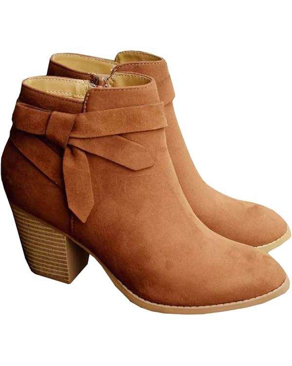 PiePieBuy Women's Tie Knot Chelsea Pump Ankle Boots Closed Toe Stacked Heel Booties Shoes | Amazon (US)