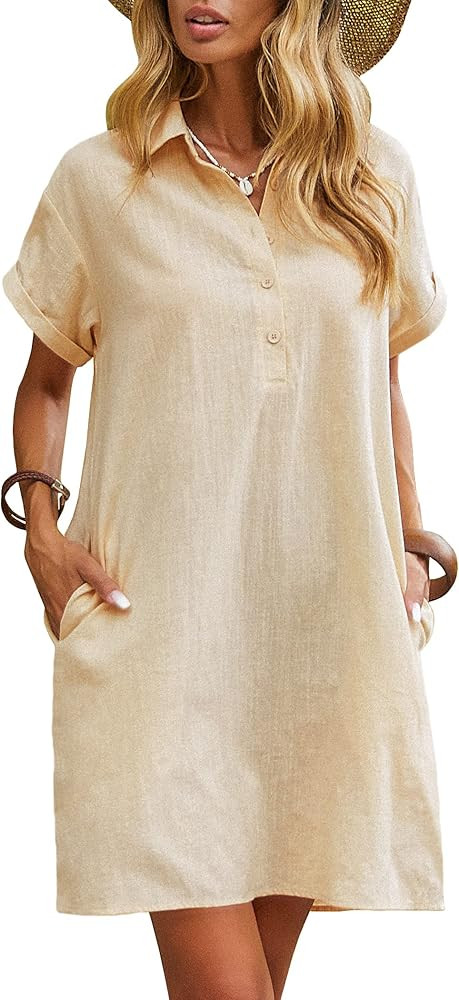 Zeagoo Womens Cotton Shirt Dress Summer Casual Short Sleeve Button Down Beach Cover Up Shirts wit... | Amazon (US)