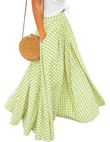 Women's Gingham Plaid Maxi Skirt High Waist A-Line Pleated Summer Skirt | Amazon (US)