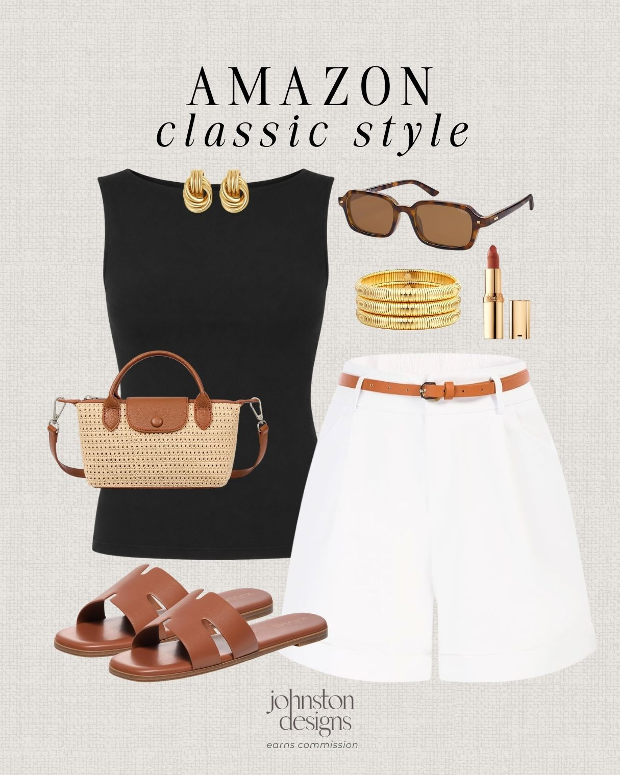 Amazon classic style with a black tank, white shorts and timeless neutral accessories. 🤎

Amazon classic outfit, black tank top, white shorts outfit, leather slide sandals, woven crossbody bag, tortoise sunglasses, gold hoop earrings, gold bracelet stack, brown belt, summer capsule style, timeless Amazon fashion, casual summer outfit, elevated basics, neutral accessories, everyday outfit inspo, warm weather look 

 #LTKootd