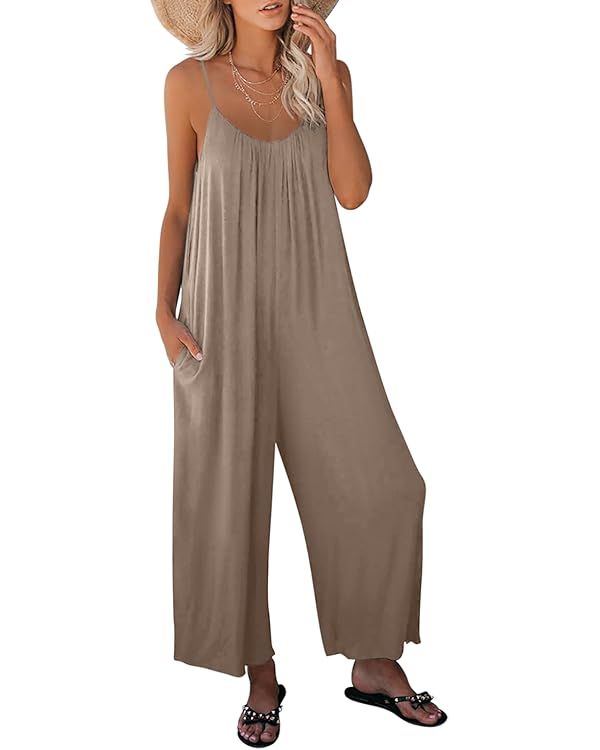 Happy Sailed Women's Casual Sleeveless Front Button Loose Jumpsuits Stretchy Long Pants Romper wi... | Amazon (US)